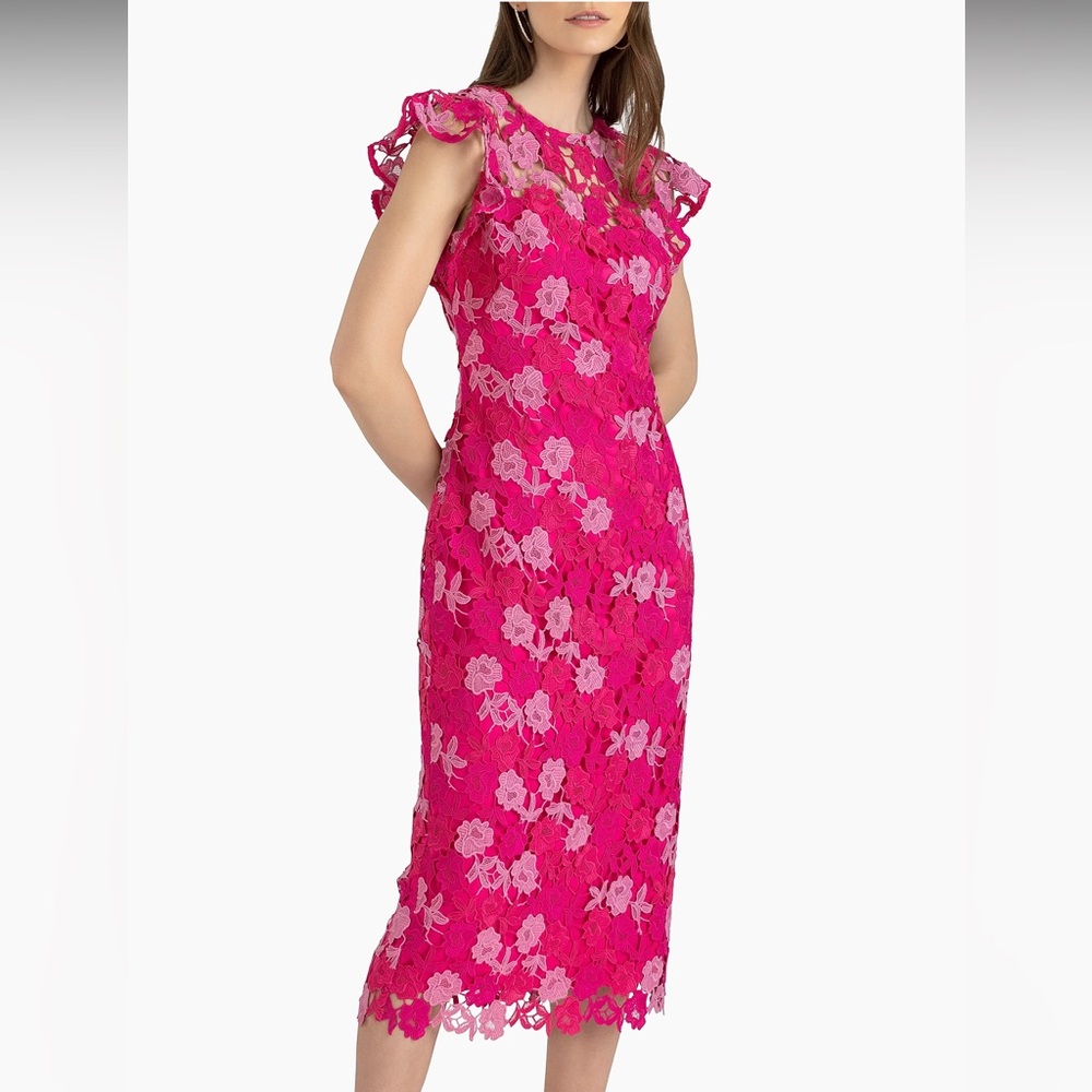 Shoshanna Rachel Floral Lace Midi Dress Magenta Rose 12